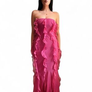 MABLE Magenta Pink Strapless Ruffle Chiffon Maxi Formal Prom Easter Dress M